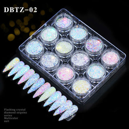 12pcs/set Nail Glitter Powder Dust Iridescent Flakes