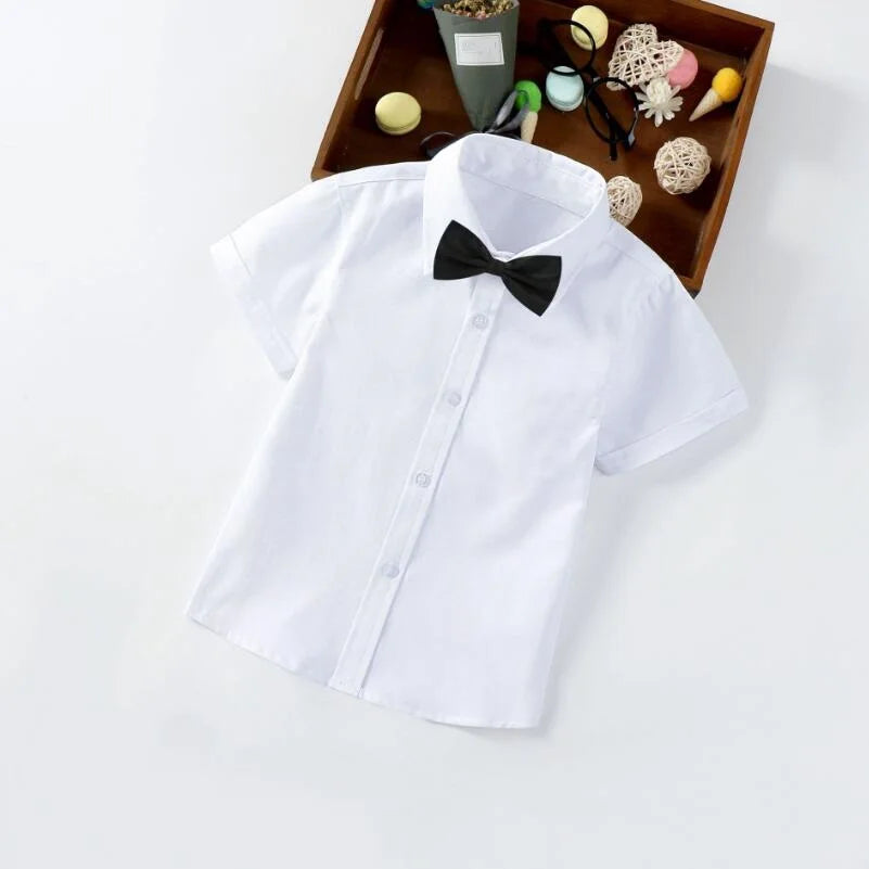 White Short Sleeve Turn-down Collar Shirt For Boys