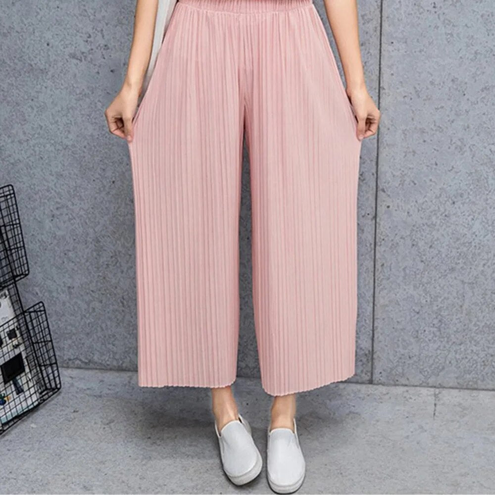 Solid Fold Pleated Women's Trousers