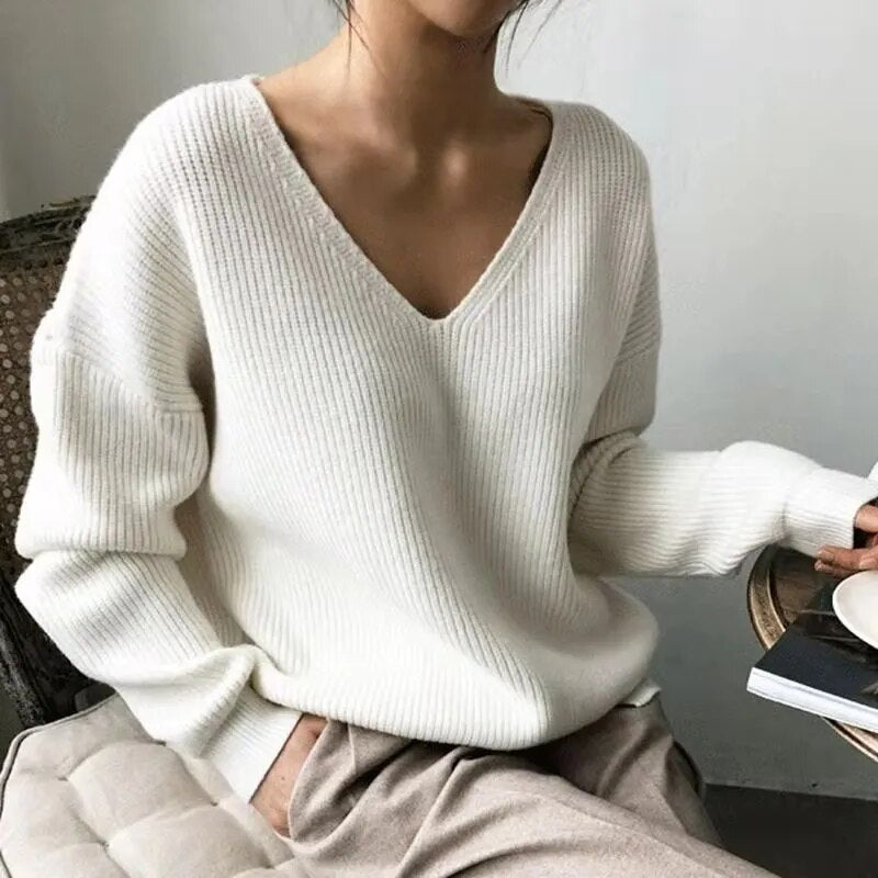 V-Neck Solid Pullovers Knitted Winter