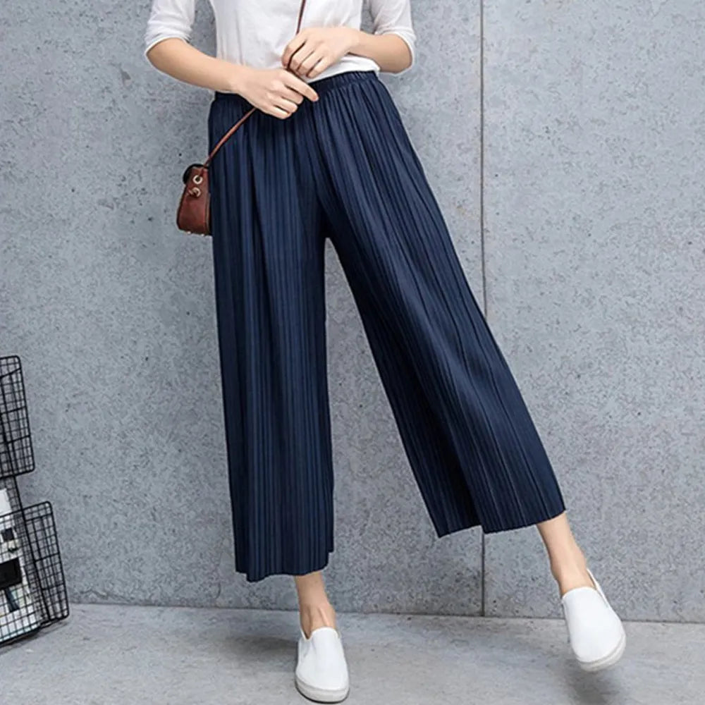 Solid Fold Pleated Women's Trousers