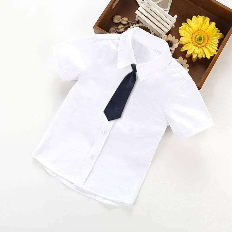 White Short Sleeve Turn-down Collar Shirt For Boys