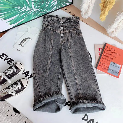 Kids Wide Leg  Elastic Waist Button Pocket Casual Jeans