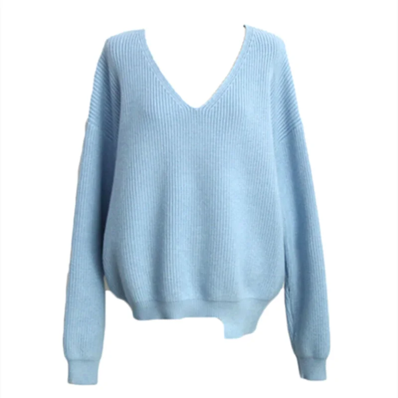V-Neck Solid Pullovers Knitted Winter