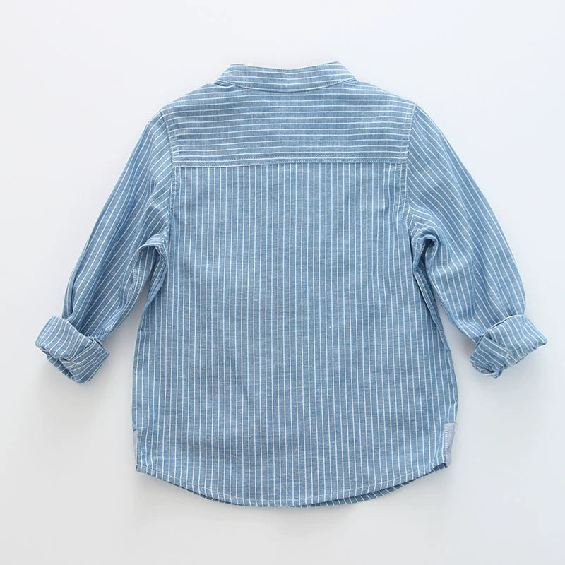 Stand Collar Linen Cotton Blue Vertical Striped  Shirt