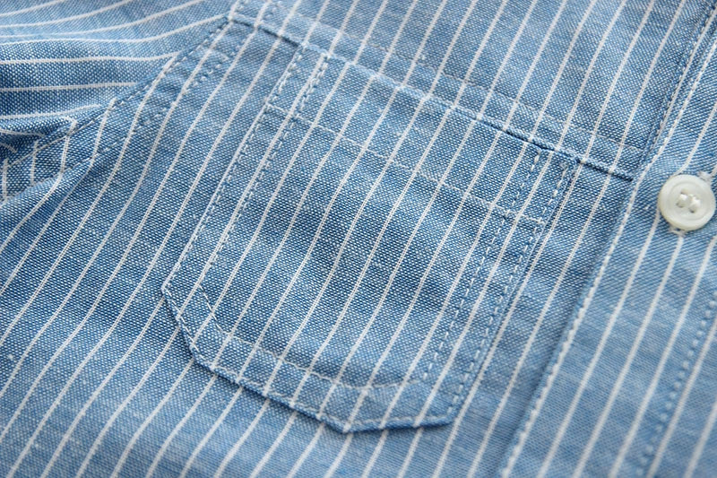 Stand Collar Linen Cotton Blue Vertical Striped  Shirt