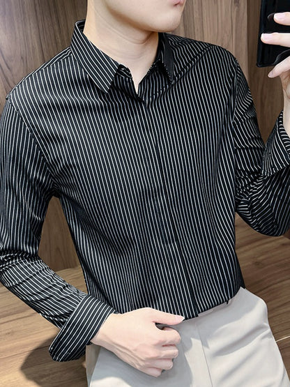 Fashion Vertical Striped Long Sleeve Business Slim-Fitting Suit Shirt