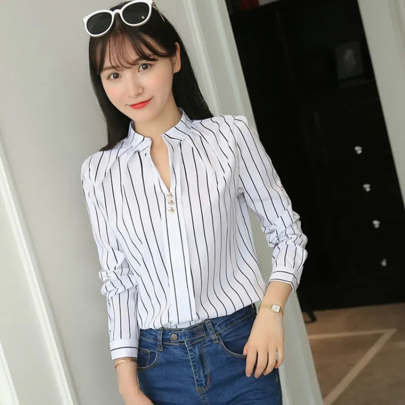Casual White Stripe Print Female Slim Shirt
