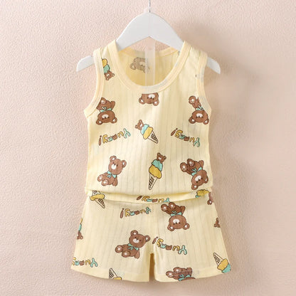 Boys and Girls Cartoon Thin Style Sleeveless Shorts Set