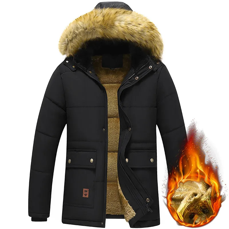 Parka Fleece-Lined Thick Warm Hooded Fur Collar Coat