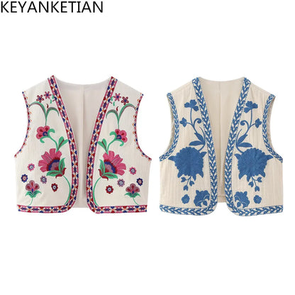 Vintage Floral Embroidered Open WaistCoat
