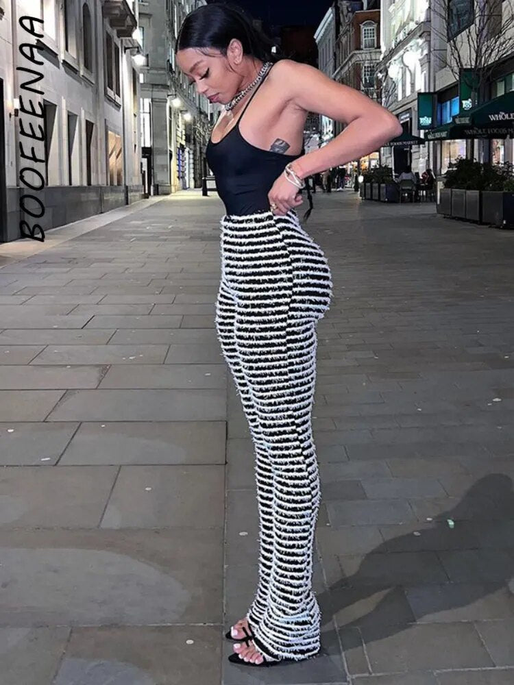 Black and White Striped Knitted Stacked Pants