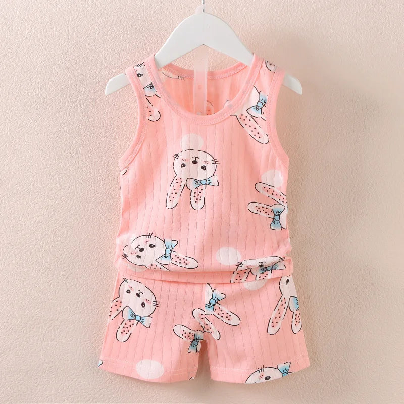 Boys and Girls Cartoon Thin Style Sleeveless Shorts Set