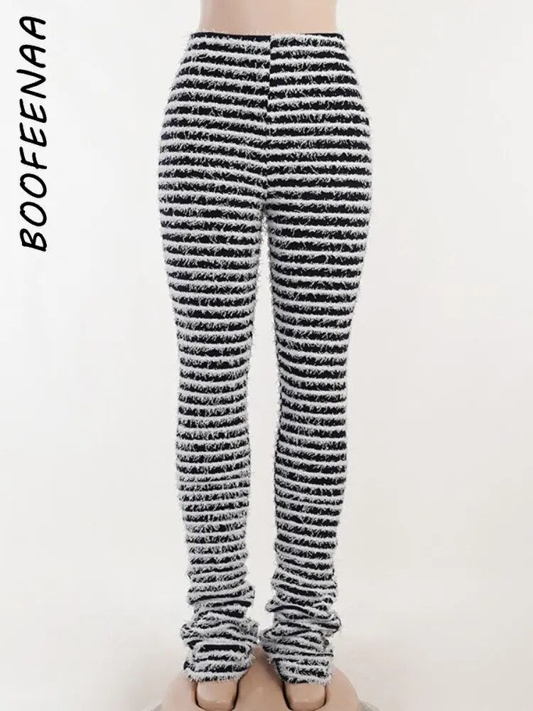 Black and White Striped Knitted Stacked Pants