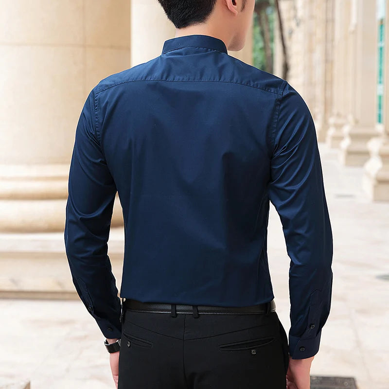 Long Sleeve Stand Collar Cotton Male Shirt