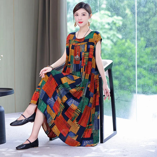 Print Loose O-Neck Cotton Dresses