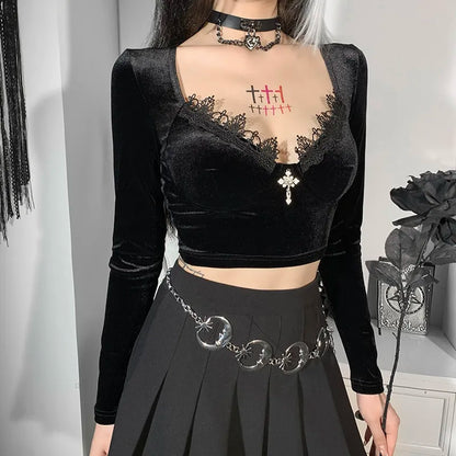 Lace Mesh Flared Long Sleeve Corset Crop Top