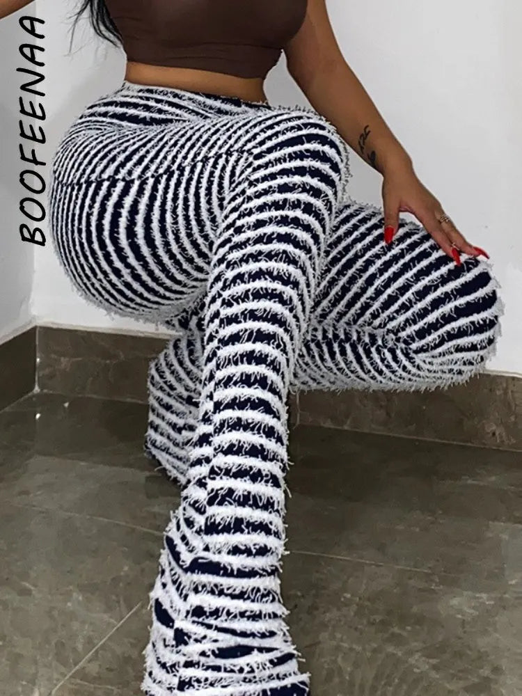 Black and White Striped Knitted Stacked Pants