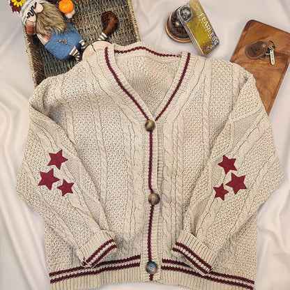Chic Vintage Star Print Knitted Cardigan Sweater
