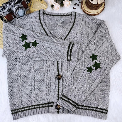 Chic Vintage Star Print Knitted Cardigan Sweater