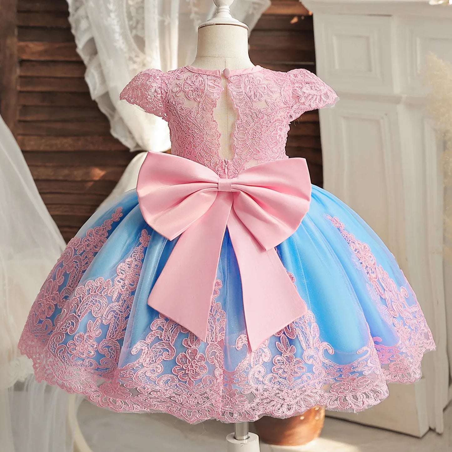 Embroidery Floral Bow Tutu Gown