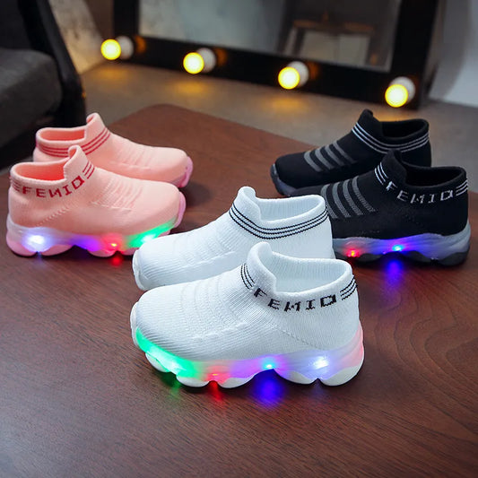 Girls and Boys Letter Mesh Led Luminous Socks Sport Run Sneakers