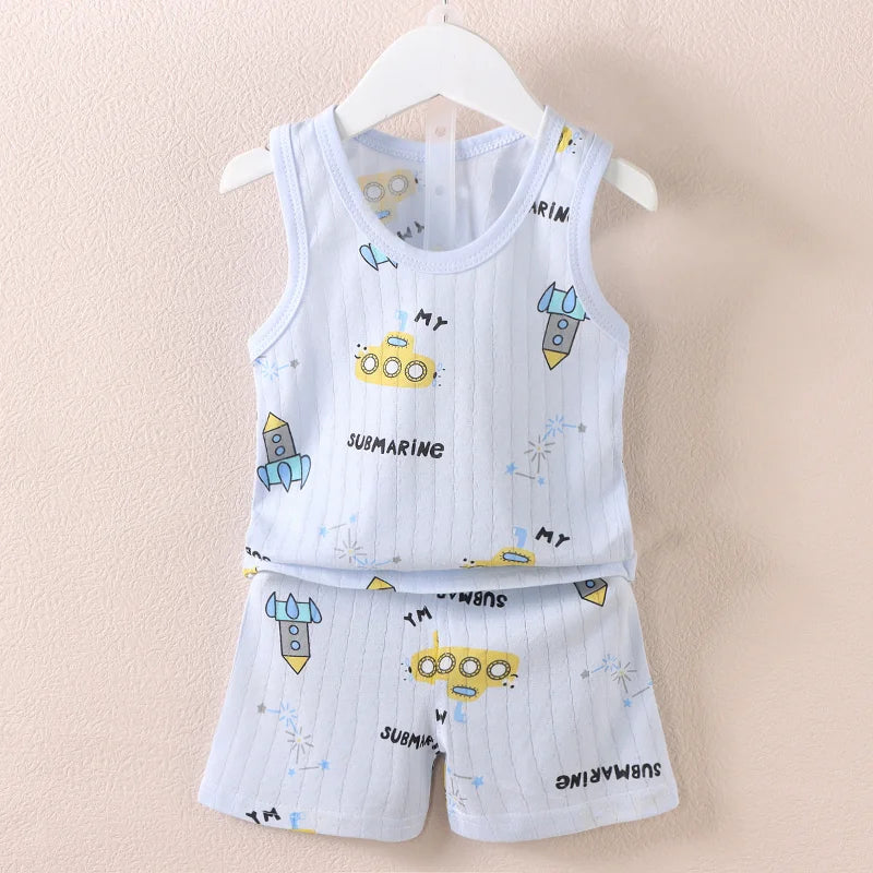 Boys and Girls Cartoon Thin Style Sleeveless Shorts Set