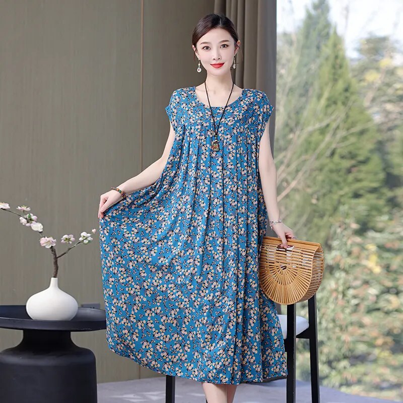 Print Loose O-Neck Cotton Dresses