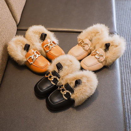 Warm Cotton Plush Fluffy Fur Kids Loafers With Metal Chain