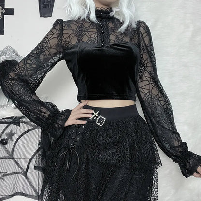 Lace Mesh Flared Long Sleeve Corset Crop Top