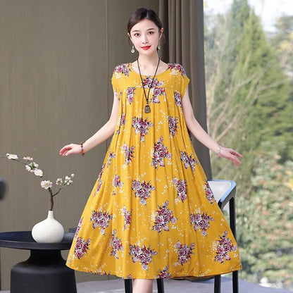 Print Loose O-Neck Cotton Dresses