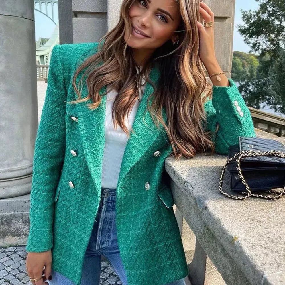 Double Breasted Houndstooth Blazer Coat