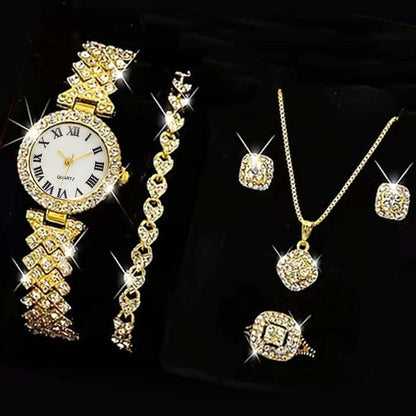 Ring, Necklace, Earrings, and Rhinestone Wristwatch