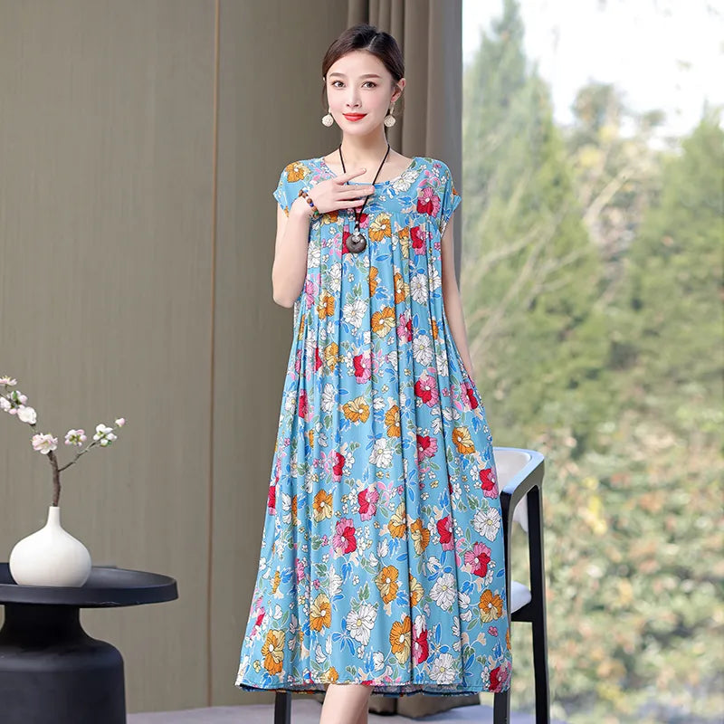 Print Loose O-Neck Cotton Dresses