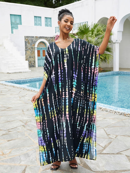 Bohemian Printed V-neck Batwing Sleeve Side Split