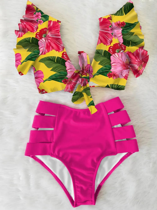 Floral Ruffled Hem Bikini Set