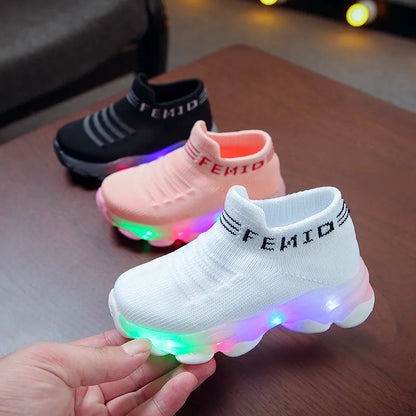Girls and Boys Letter Mesh Led Luminous Socks Sport Run Sneakers