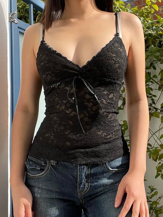 Black See-Through Lace Cami Crop Tops