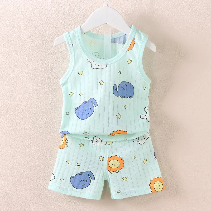 Boys and Girls Cartoon Thin Style Sleeveless Shorts Set