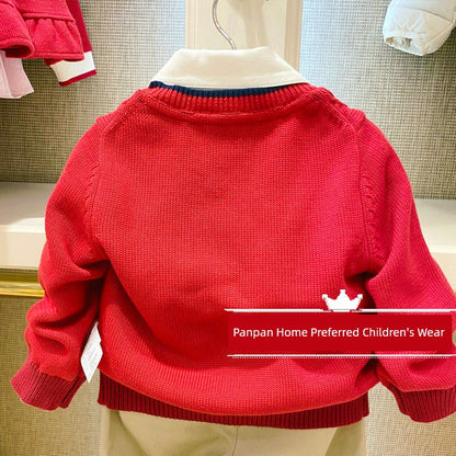 Spring Baby Fake Two Pieces Pullover Red Sweater