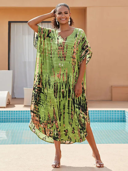 Bohemian Printed V-neck Batwing Sleeve Side Split