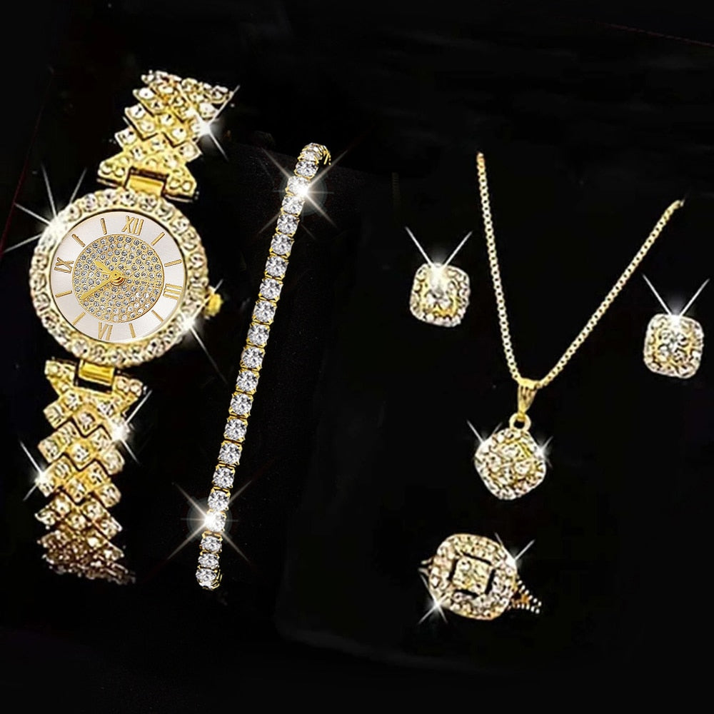 Ring, Necklace, Earrings, and Rhinestone Wristwatch