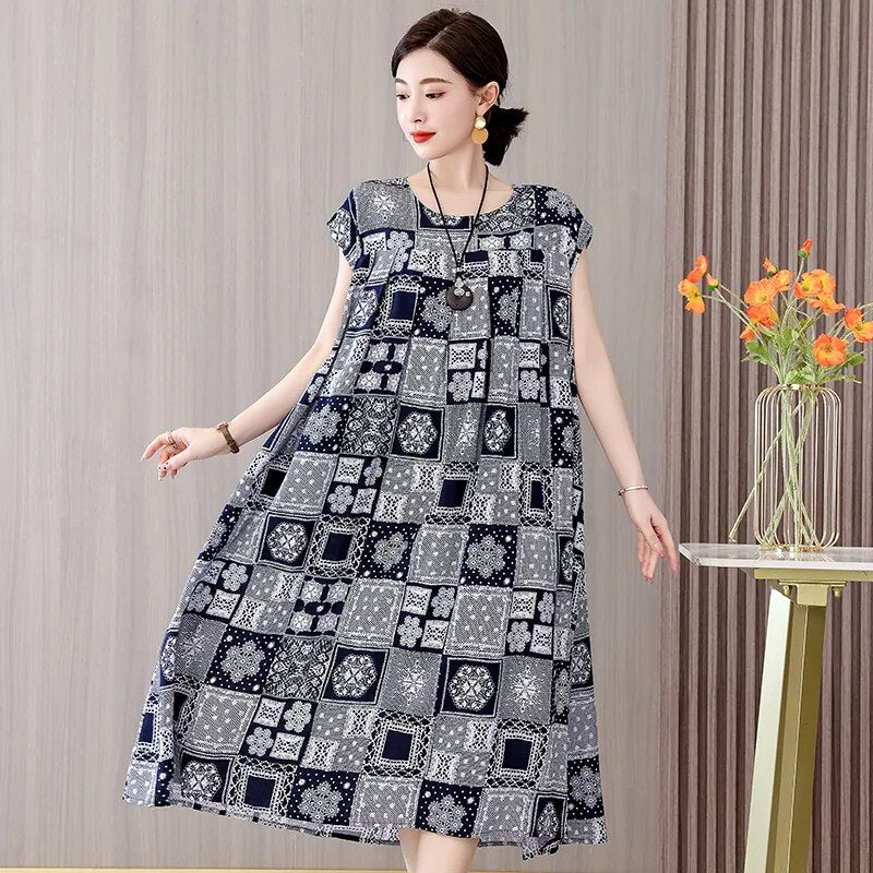 Print Loose O-Neck Cotton Dresses