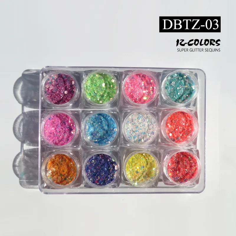 12pcs/set Nail Glitter Powder Dust Iridescent Flakes