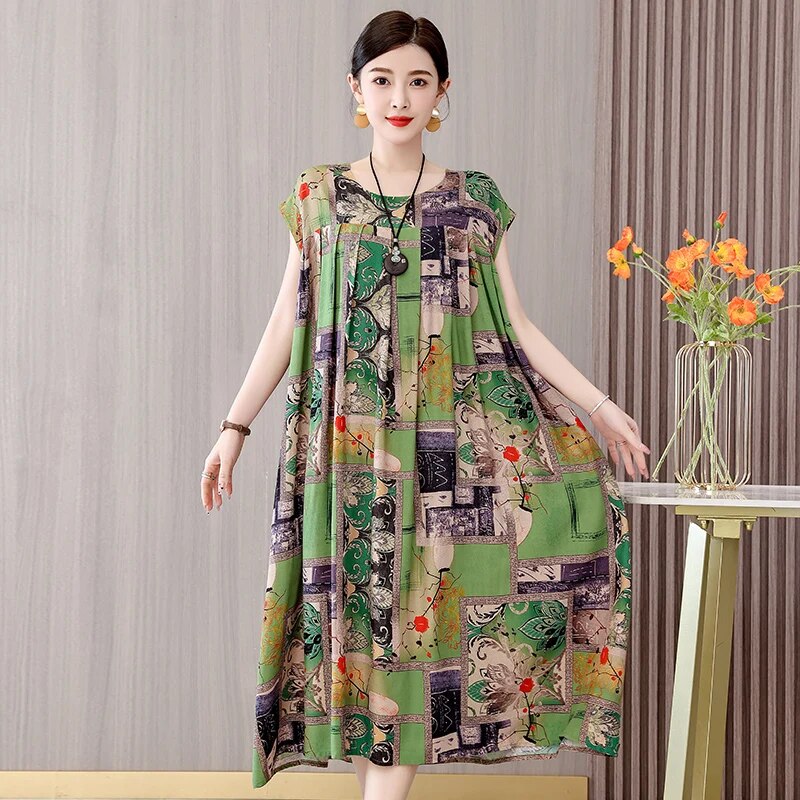 Print Loose O-Neck Cotton Dresses