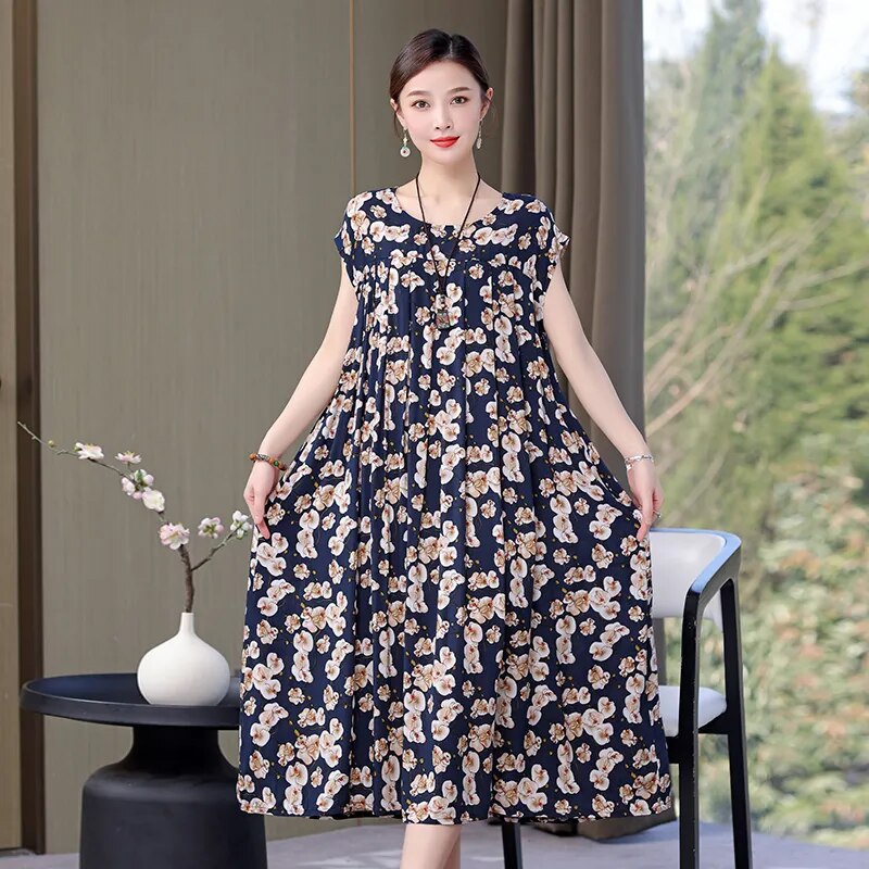 Print Loose O-Neck Cotton Dresses