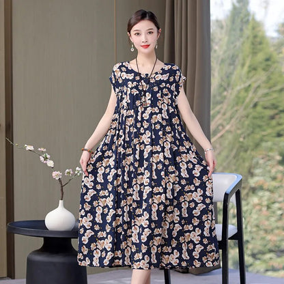 Print Loose O-Neck Cotton Dresses