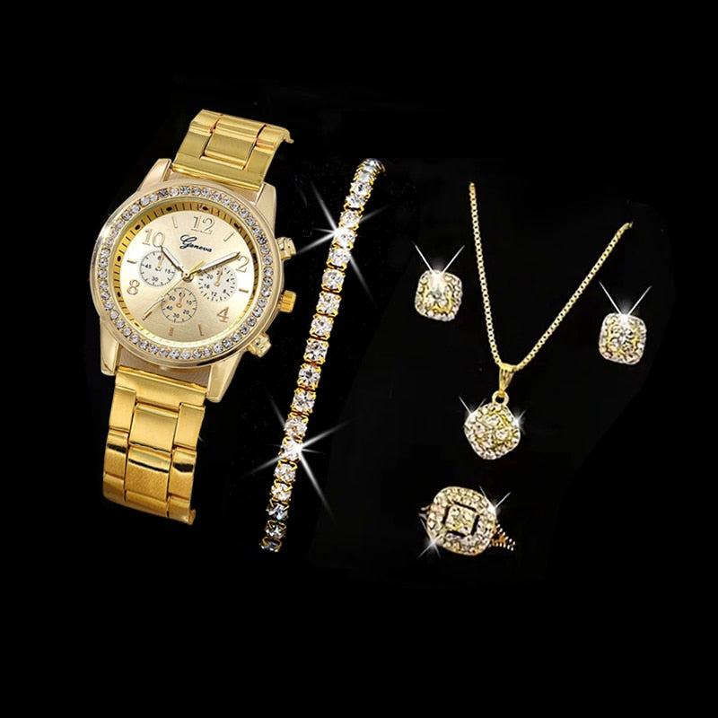 Ring, Necklace, Earrings, and Rhinestone Wristwatch