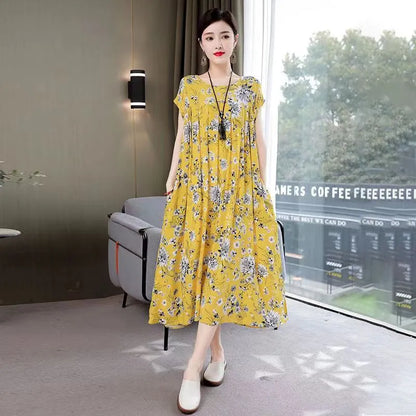 Print Loose O-Neck Cotton Dresses