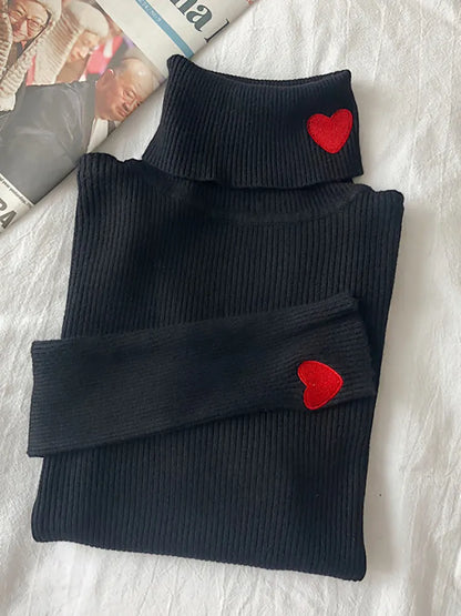 Heart Embroidery Turtleneck Sweaters